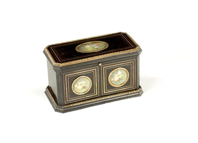 Lot 1121 - A 19TH CENTURY FRENCH EBONISED MINIATURE JEWELLERY CASKET