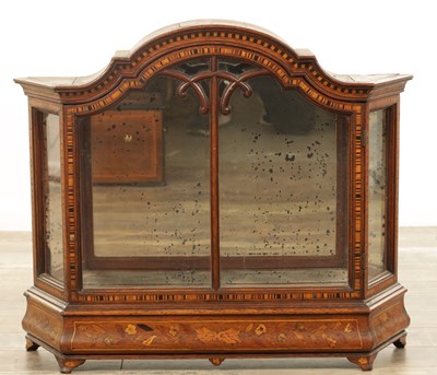 Lot 1129 - AN 18TH CENTURY WALNUT AND MARQUETRY INLAID DUTCH APRENTICE MINIATURE CABINET