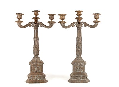Lot 942 - A PAIR OF REGENCY-STYLE FRENCH BRONZE THREE BRANCH CANDELABRA