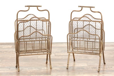Lot 765 - A STYLISH PAIR OF EARLY 20TH CENTURY BRASS MAGAZINE RACKS