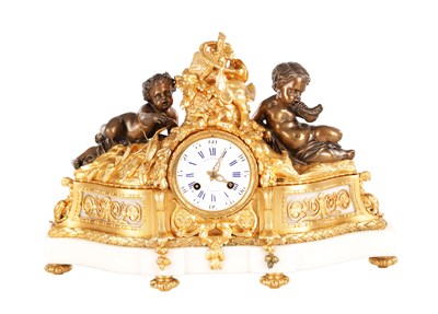 Lot 1516 - A 19TH CENTURY ORMOLU AND BRONZE WHITE MARBLE MANTEL CLOCK