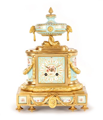 Lot 1504 - A 19TH CENTURY FRENCH ORMOLU AND SERVES STYLE PORCELAIN PANELLED MANTLE CLOCK