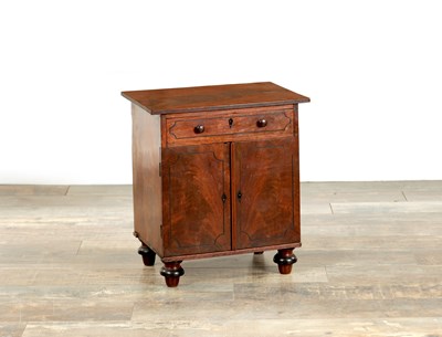 Lot 1078 - A 19TH CENTURY EBONY STRUNG AND FIGURED MAHOGANY APPRENTICE MINIATURE CABINET