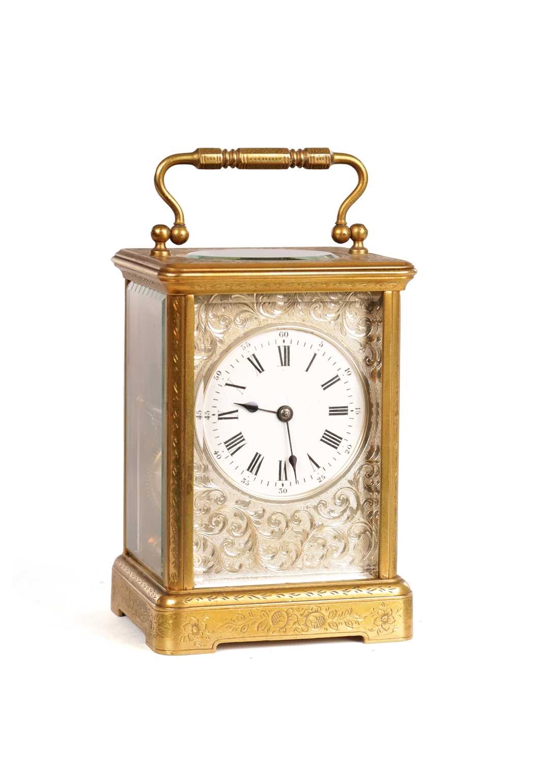 Lot 1465 - A LATE 19TH CENTURY FRENCH ENGRAVED STRIKING CARRIAGE CLOCK