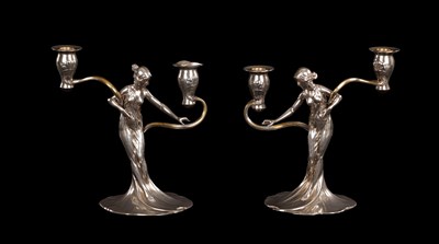 Lot 838 - A STYLISH PAIR OF WMF SILVERED METAL ART NOUVEAU CANDELABRA