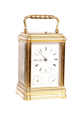 Lot 1705 - DROCOURT A LATE 19TH CENTURY FRENCH GILT BRASS GORGE CASE REPEATING CARRIAGE CLOCK WITH CALENDER AND ALARM DIALS