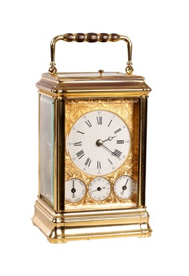 Lot 1505 - A 20TH CENTURY FRENCH GILT BRASS REPEATING CARRIAGE CLOCK WITH CALENDAR WORK AND ALARM