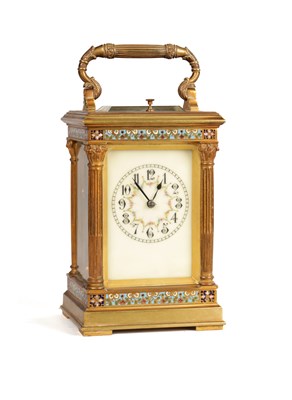 Lot 1718 - A STYLISH LATE 19TH CENTURY GILT BRASS AND CHAMPLEVE ENAMEL FRENCH REPEATING CARRIAGE CLOCK