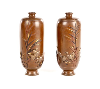 Lot 273 - A GOOD PAIR OF LATE 19TH CENTURY JAPANESE MAIJI SIGNED BRONZE SLENDER FOOTED OVOID VASES
