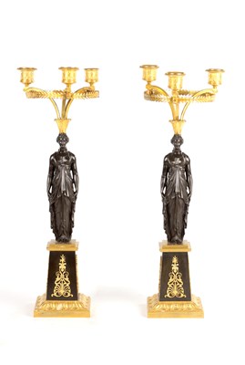 Lot 956 - A STYLISH PAIR OF 19TH CENTURY FRENCH EMPIRE BRONZE AND ORMOLU THREE BRANCH FIGURAL CANDELABRA
