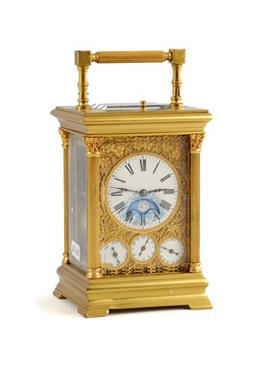 Lot 1498 - A 19TH CENTURY FRENCH GILT BRASS REPEATING CARRIAGE CLOCK WITH CALENDAR AND MOONPHASE