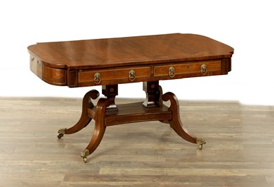 Lot 1255 - A LARGE SCALE REGENCY FIGURED ROSEWOOD AND BRASS INLAID LIBRARY TABLE