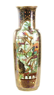 Lot 109 - A FINE WEDGWOOD FAIRYLAND LUSTRE SHOULDERED CYLINDRICAL VASE CIRCA 1920'S DESIGNED BY DAISY MAKEIG-JONES