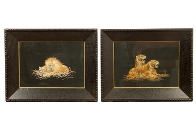 Lot 123 - A PAIR OF JAPANESE MEIJI PERIOD EMBROIDERY’S DEPICTING LIONS AND TIGERS