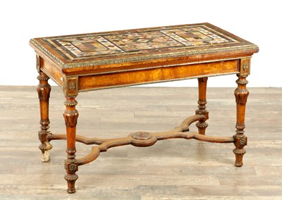Lot 1359 - A FINE 19TH CENTURY ENGLISH WALNUT AND BRONZE MOUNTED SPECIMEN MARBLE LIBRARY TABLE