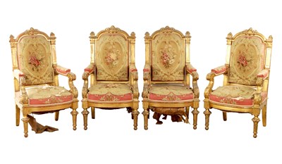 Lot 1261 - A SET OF FOUR 19TH CENTURY FRENCH GILT GESSO SALOON CHAIRS