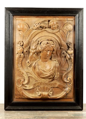 Lot 1087 - A 17TH CENTURY OAK CARVED PANEL OF SAINT ODORADA
