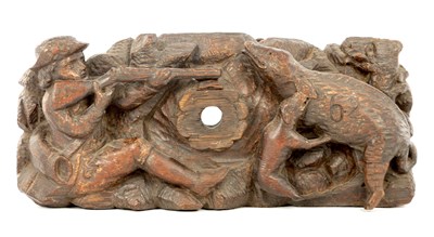 Lot 1074 - A 17TH CENTURY CONTINENTAL CARVED OAK PANEL OF A HUNTING SCENE