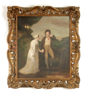 Lot 982 - ATT FRANCIS WHEATLEY (1741-1801). A LATE 18TH CENTURY OIL ON CANVAS COUPLE AT A GATE