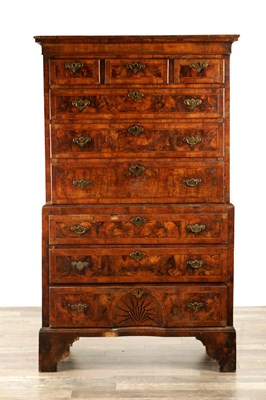 Lot 1238 - A GOOD EARLY 18TH CENTURY FIGURED WALNUT AND HERRING-BANDED CHEST ON CHEST WITH STARBURST BASE