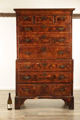 Lot 1238 - A GOOD EARLY 18TH CENTURY FIGURED WALNUT AND HERRING-BANDED CHEST ON CHEST WITH STARBURST BASE