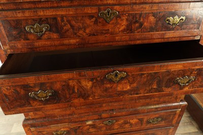 Lot 1238 - A GOOD EARLY 18TH CENTURY FIGURED WALNUT AND HERRING-BANDED CHEST ON CHEST WITH STARBURST BASE