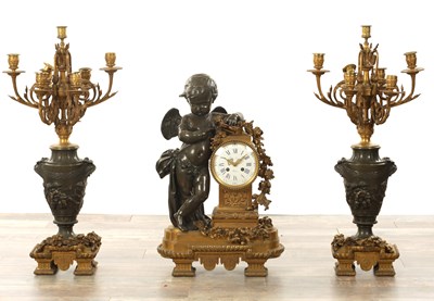 Lot 1614 - A FINE LARGE 19TH CENTURY FRENCH ORMOLU AND BRONZE CLOCK GARNITURE