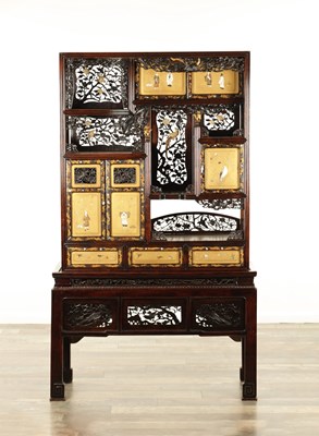 Lot 155 - A FINE 19TH CENTURY JAPANESE CARVED HARDWOOD SHIBIYAMA PANELLED DISPLAY CABINET