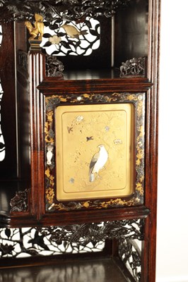 Lot 155 - A FINE 19TH CENTURY JAPANESE CARVED HARDWOOD SHIBIYAMA PANELLED DISPLAY CABINET