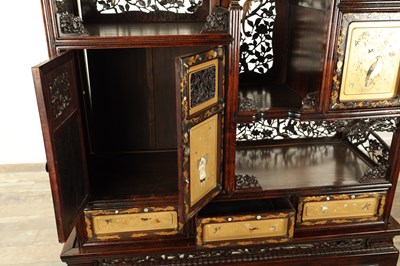 Lot 155 - A FINE 19TH CENTURY JAPANESE CARVED HARDWOOD SHIBIYAMA PANELLED DISPLAY CABINET