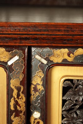 Lot 155 - A FINE 19TH CENTURY JAPANESE CARVED HARDWOOD SHIBIYAMA PANELLED DISPLAY CABINET