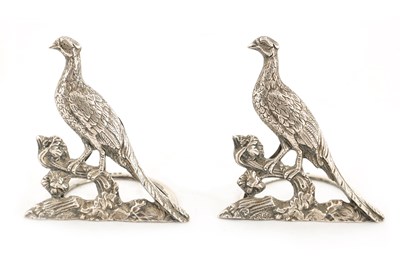 Lot 329 - A PAIR OF LARGE CAST SILVER PHEASANTS ON BRANCH WORK MENU HOLDERS