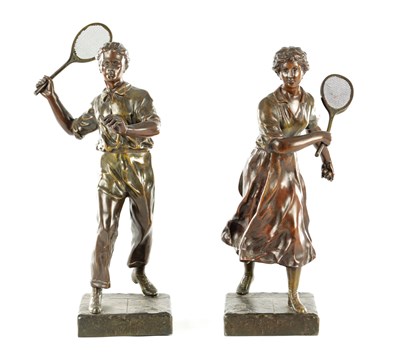 Lot 798 - RUFFONY (1846-1925). A PAIR OF EARLY 20TH CENTURY COLD PAINTED FIGURAL SCULPTURES OF TENNIS PLAYERS