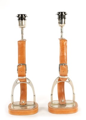 Lot 732 - A PAIR OF MODERN CHROME STEEL AND LEATHER STIRRUP TABLE LAMPS