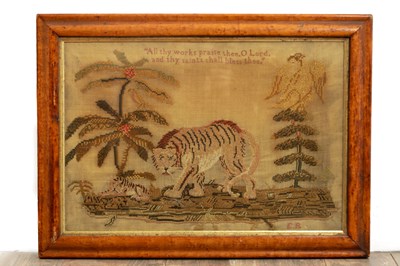 Lot 965 - A 19TH CENTURY EMBROIDERY OF A TIGER AND CUB