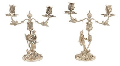 Lot 383 - A FINE PAIR OF LATE 20TH CENTURY ROCOCO STYLE FIGURAL SOLID SILVER CANDELABRA
