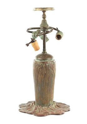 Lot 830 - A GOOD ANTIQUE MEYDA TIFFANY MARSHGRASS THREE LIGHT COLOURED BRONZE TABLE LAMP BASE