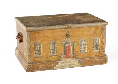 Lot 1269 - A 19TH CENTURY PINE BOX WITH LATER OVER PAINT DEPICTING A GEORGIAN HOUSE