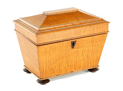 Lot 1076 - A REGENCY FIDDLE BACK SATINWOOD TEA CADDY
