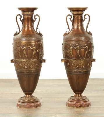Lot 964 - F. BARBEDIENNE (1810-1892). A PAIR OF 19TH CENTURY BRONZE URNS