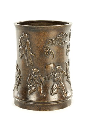 Lot 214 - A 19TH CENTURY CHINESE PATINATED BRONZE BRUSH POT