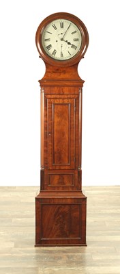 Lot 1499 - A REGENCY FIGURED MAHOGANY SCOTTISH DRUM HEAD LONGCASE CLOCK