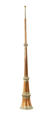 Lot 168 - A 19TH CENTURY TIBETAN CEREMONIAL COPPER AND SILVERED METAL HORN