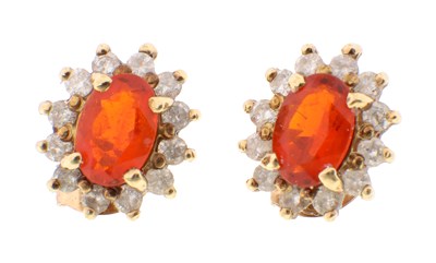 Lot 579 - A PAIR OF LADIES 9CT GOLD FIRE OPAL AND DIAMOND EARRINGS