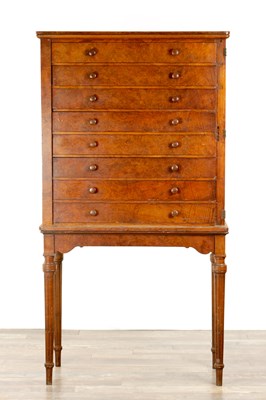 Lot 1162 - A GOOD 19TH CENTURY BURR WALNUT COLLECTORS CHEST ON STAND IN THE MANNER OF GILLOWS