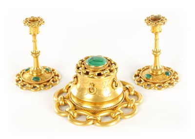 Lot 776 - A GOOD GILT BRONZE THREE PIECE DESK SET WITH MALACHITE CABOCHONS