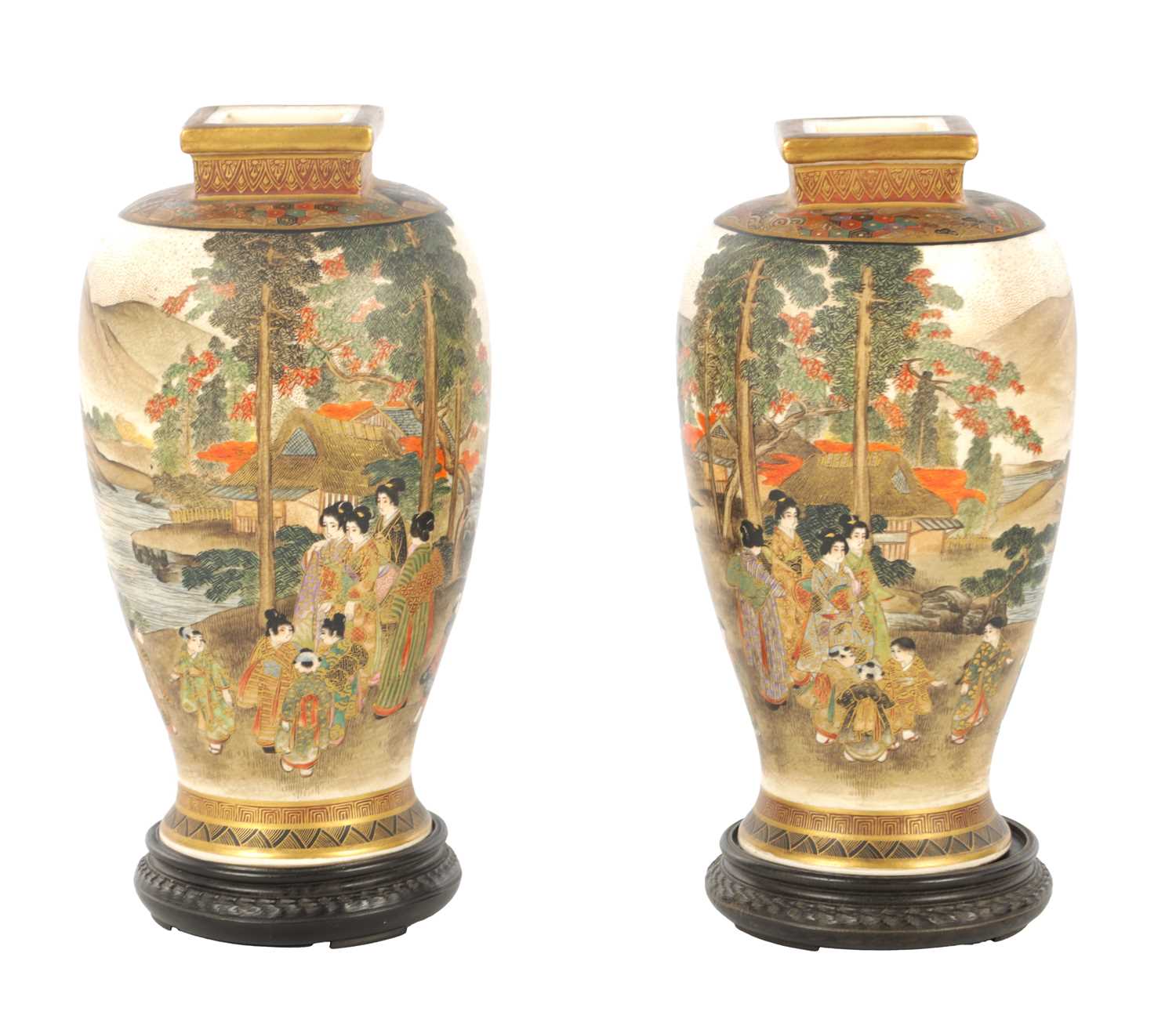 Lot 120 - A CASED PAIR OF JAPANESE MEIJI PERIOD SATSUMA PORCELAIN VASES BY GIZAN