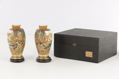 Lot 120 - A CASED PAIR OF JAPANESE MEIJI PERIOD SATSUMA PORCELAIN VASES BY GIZAN