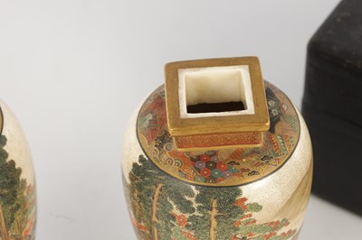 Lot 120 - A CASED PAIR OF JAPANESE MEIJI PERIOD SATSUMA PORCELAIN VASES BY GIZAN
