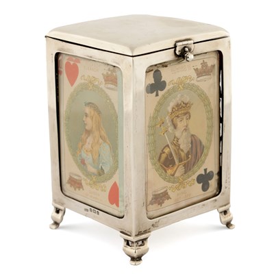 Lot 516 - AN EDWARDIAN SILVER GLAZED "POP-UP" PLAYING CARD BOX